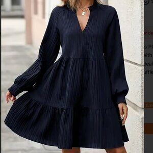 Navy Blue Textured Dress - V-Neck, Long Sleeves with Ruffle Detail, Knee-Length